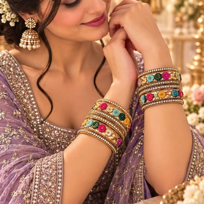 Gold-Tone Multicolour Floral Kada Bangles – Sparkling Designer Bridal Jewellery