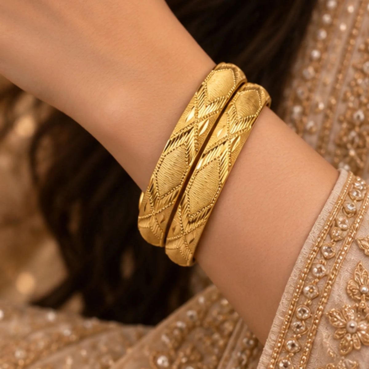 Gold-Tone Diamond Pattern Bangle Pair