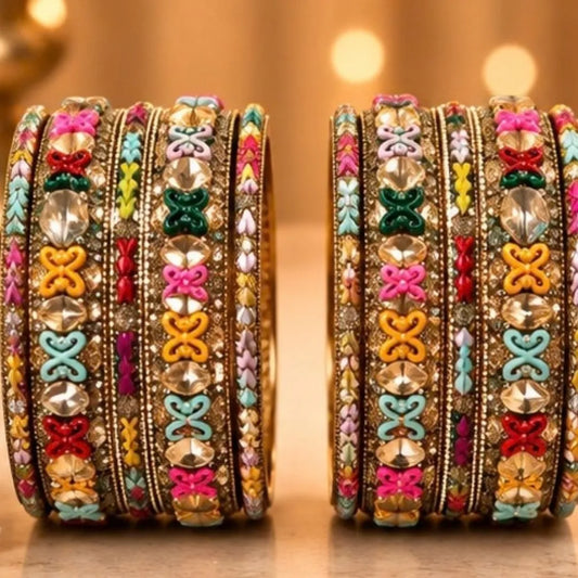 Gold-Tone Multicolour Designer Kada Bangles – Floral Enamel Bridal & Wedding Jewellery