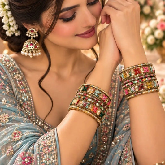 Gold-Tone Multicolour Designer Kada Bangles – Floral Enamel Bridal & Wedding Jewellery