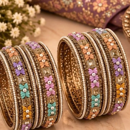 Gold-Tone Multicolour Floral Designer Kada Bangles – Pastel Enamel Bridal Wedding Jewellery