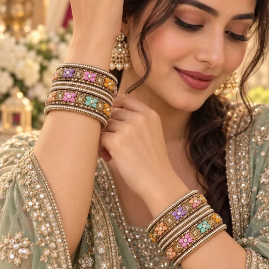 Gold-Tone Multicolour Floral Designer Kada Bangles – Pastel Enamel Bridal Wedding Jewellery