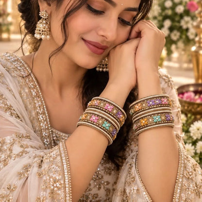 Gold-Tone Multicolour Floral Designer Kada Bangles – Pastel Enamel Bridal Wedding Jewellery