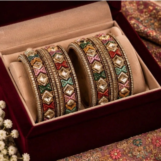 Gold-Tone Multicolour Bow & Geometric Designer Kada Bangles – Embellished Bridal Wedding Jewellery