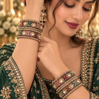Gold-Tone Multicolour Bow & Geometric Designer Kada Bangles – Embellished Bridal Wedding Jewellery