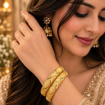 Gold-Tone Diamond Pattern Bangle Pair