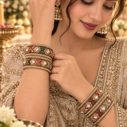 Gold-Tone Multicolour Bow & Geometric Designer Kada Bangles – Embellished Bridal Wedding Jewellery