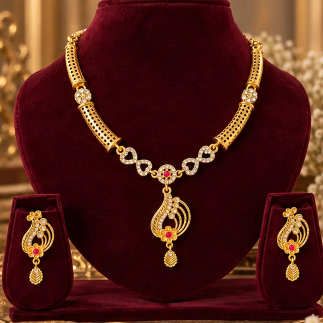 Gold-Tone Pink Stone Necklace Jewellery Set