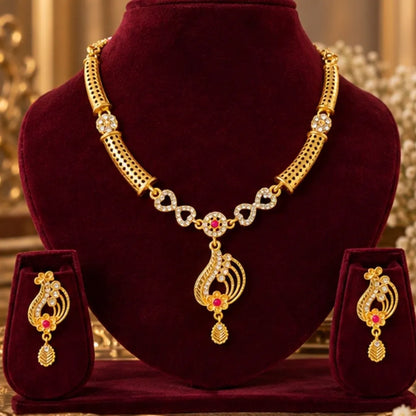 Gold-Tone Pink Stone Necklace Jewellery Set