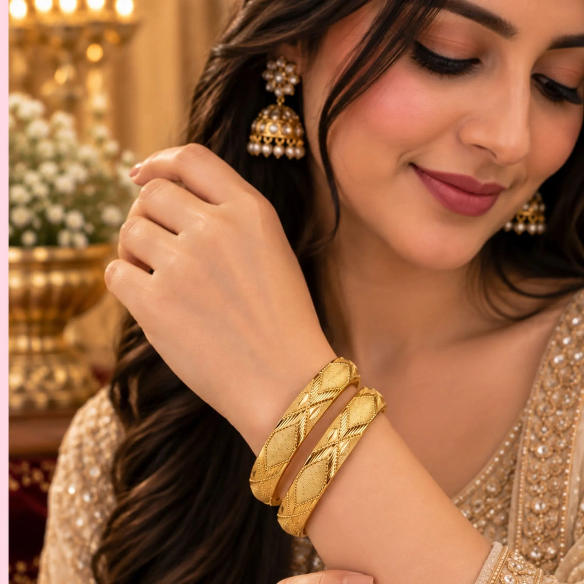 Gold-Tone Diamond Pattern Bangle Pair