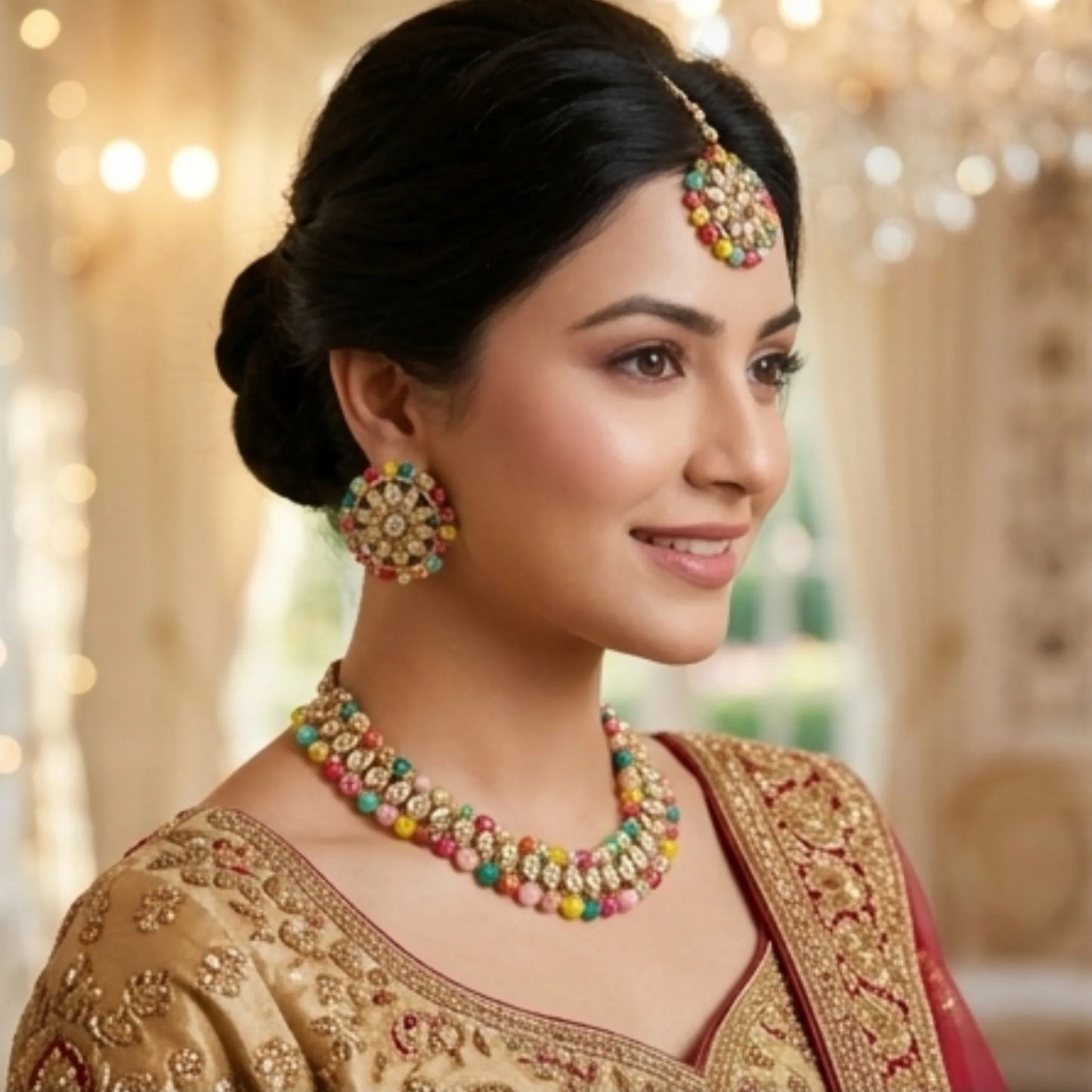 Pearl Chain Necklace Set with Jhumka Earrings &amp; Maang Tikka