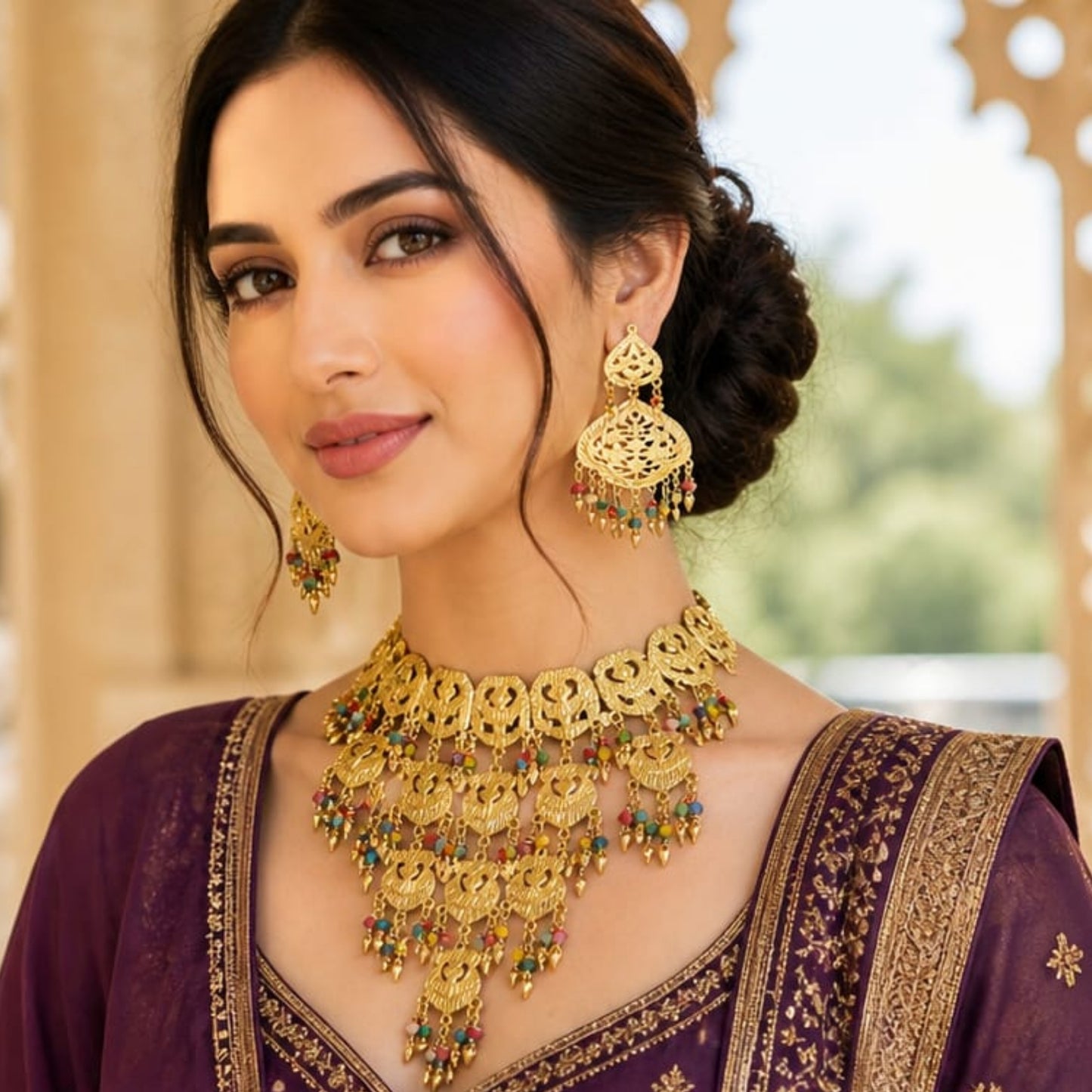 Grand Golden Filigree Chandelier Set with Multi-Color Accents