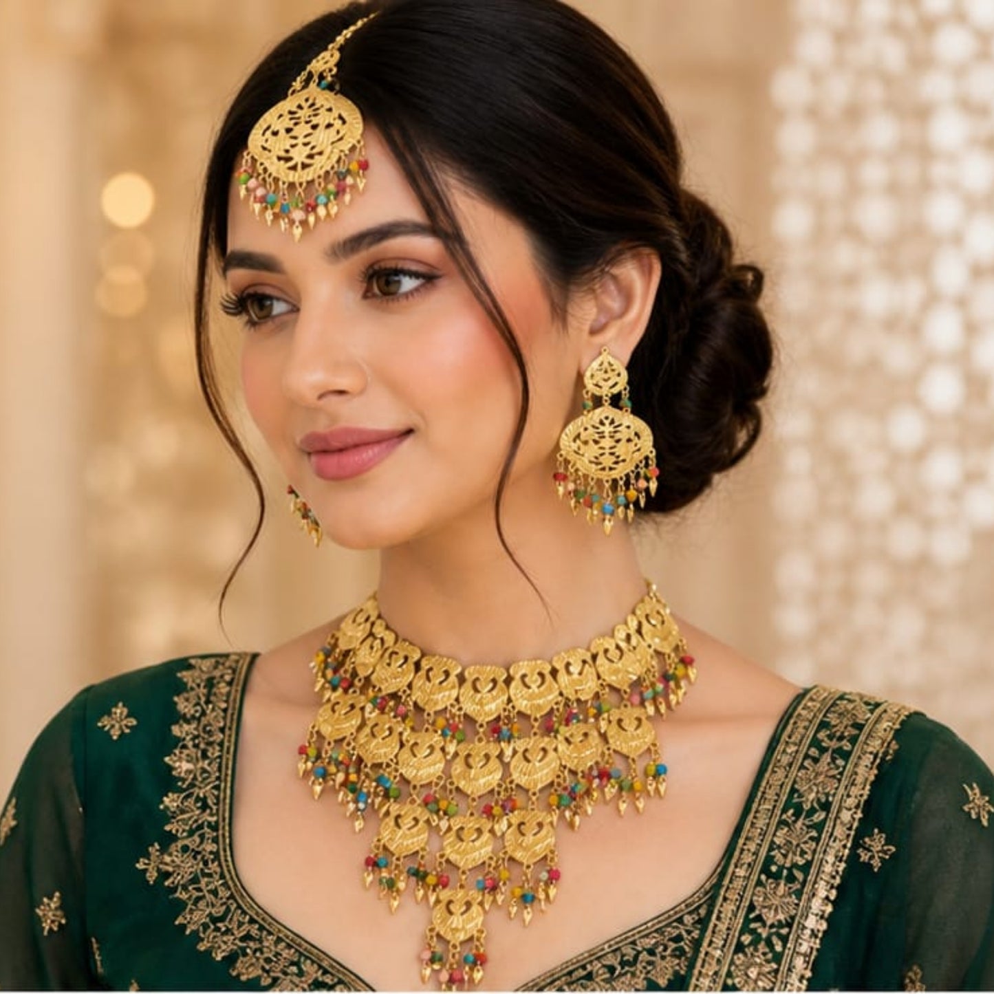 Grand Golden Filigree Chandelier Set with Multi-Color Accents