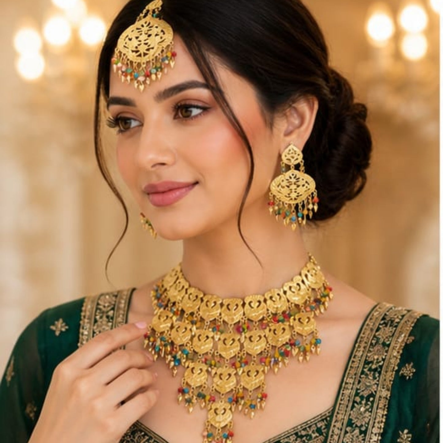 Grand Golden Filigree Chandelier Set with Multi-Color Accents