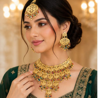 Grand Golden Filigree Chandelier Set with Multi-Color Accents