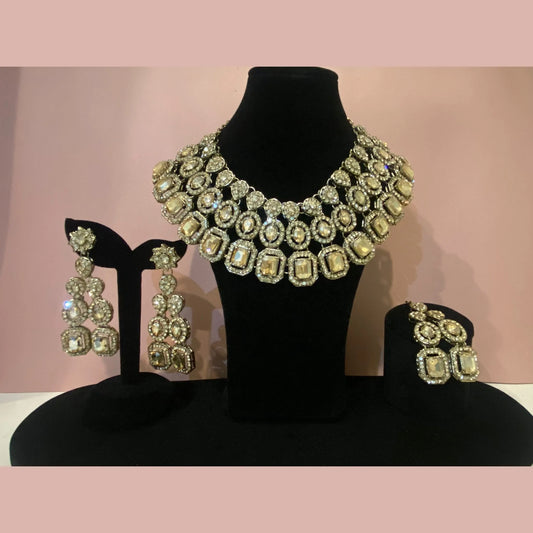 Heavy Stone Bridal Necklace Set with Double-Line Earrings &amp; Maang Tikka