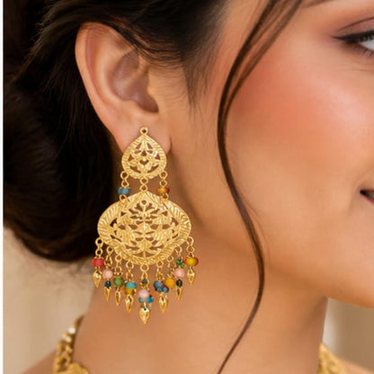 Grand Golden Filigree Chandelier Set with Multi-Color Accents