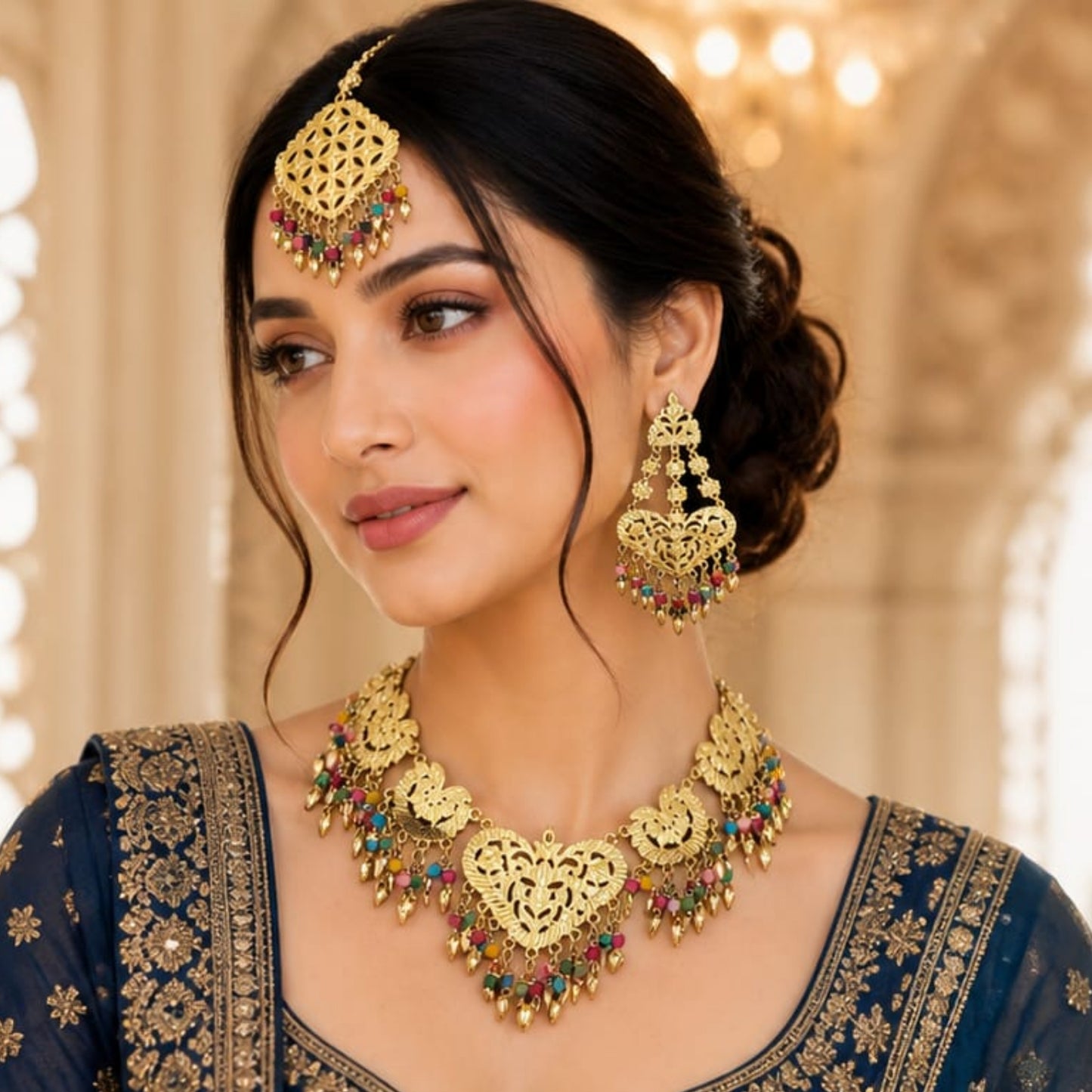 Golden Heart Filigree Set with Multi-Color Bead Accents