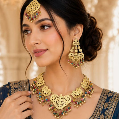 Golden Heart Filigree Set with Multi-Color Bead Accents