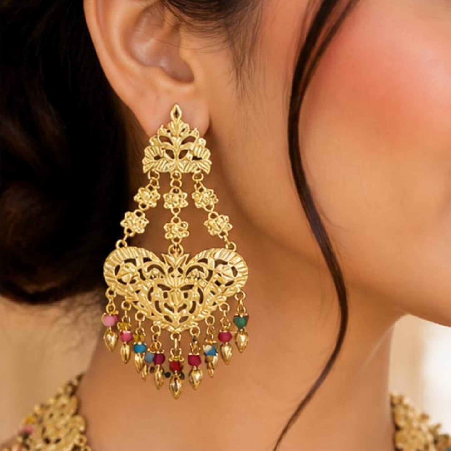 Golden Heart Filigree Set with Multi-Color Bead Accents