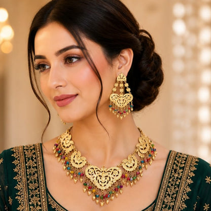 Golden Heart Filigree Set with Multi-Color Bead Accents