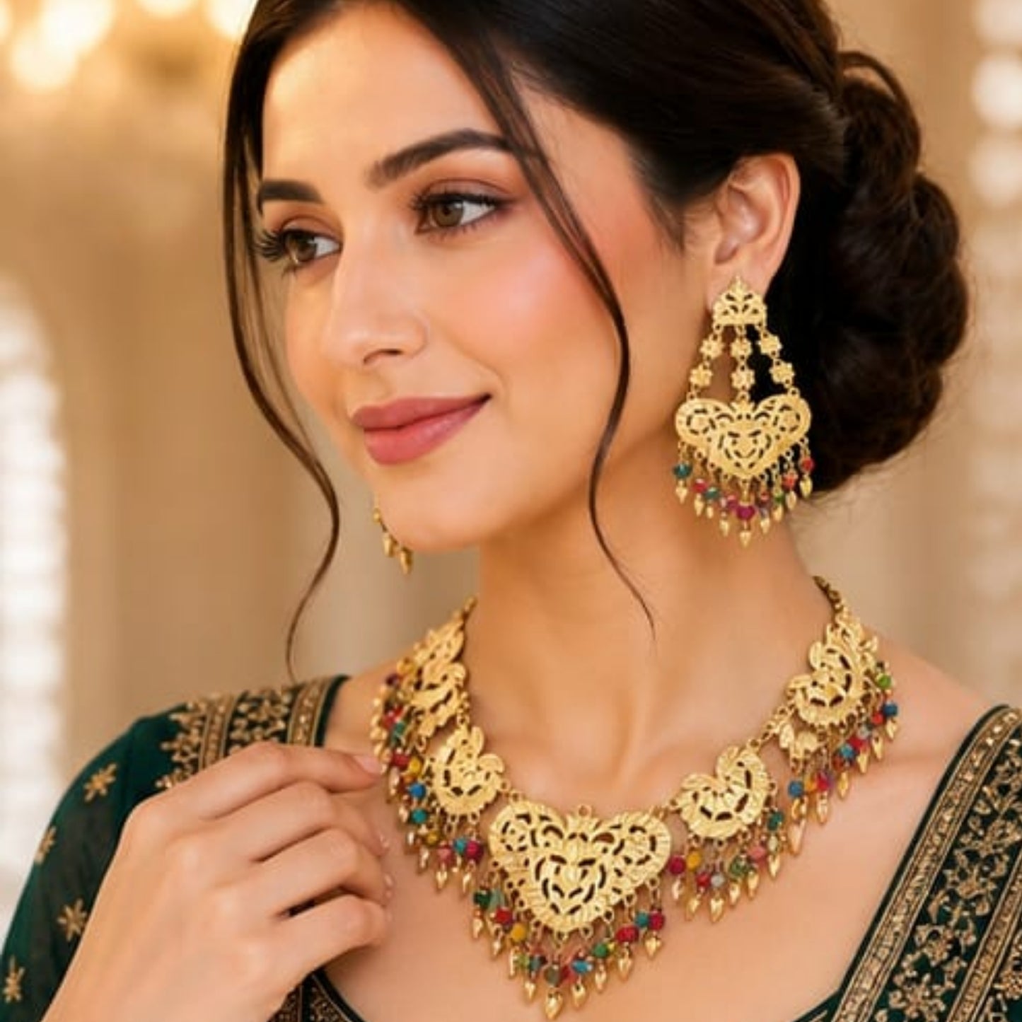 Golden Heart Filigree Set with Multi-Color Bead Accents