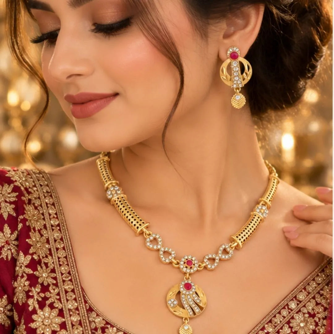 Pink Stone Gold-Tone Necklace Jewellery Set