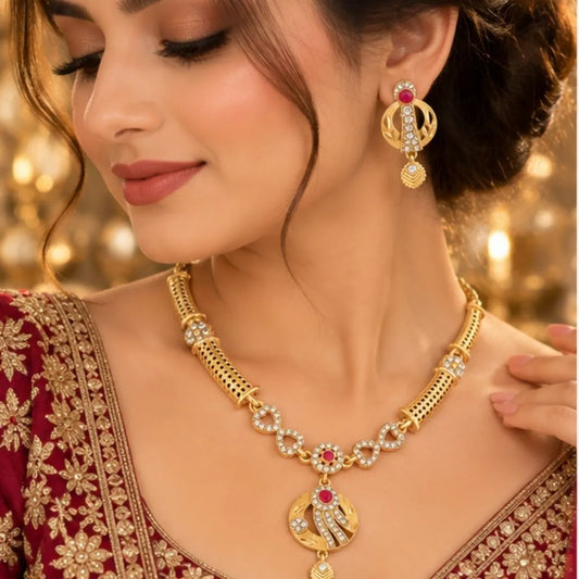Pink Stone Gold-Tone Necklace Jewellery Set
