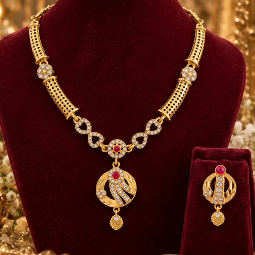 Pink Stone Gold-Tone Necklace Jewellery Set