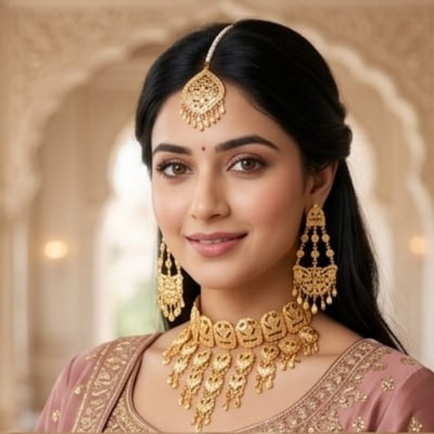 Golden Heritage Chandelier Necklace Set with Statement Earrings