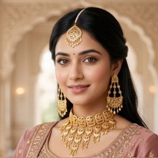 Golden Heritage Chandelier Necklace Set with Statement Earrings