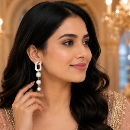 Silver Oval Pearl Drop Earrings