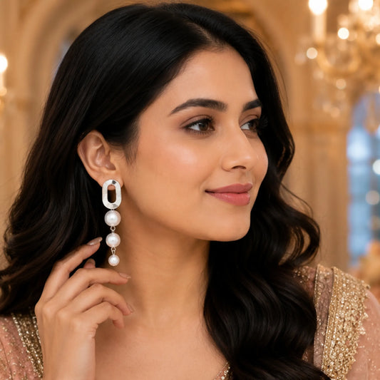 Silver Oval Pearl Drop Earrings