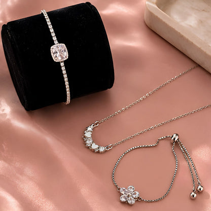 Kids' Silver Heart & Flower Jewellery Gift Set – Heart Necklace, Flower Bracelet & Crystal Bangle