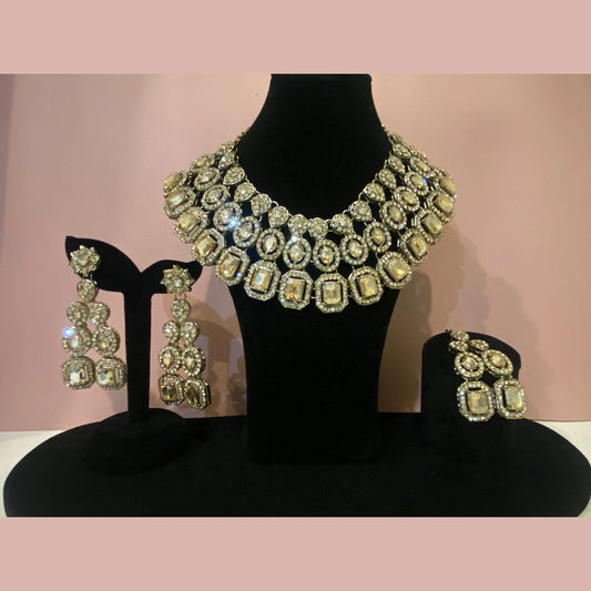 Heavy Stone Bridal Necklace Set with Double-Line Earrings &amp; Maang Tikka