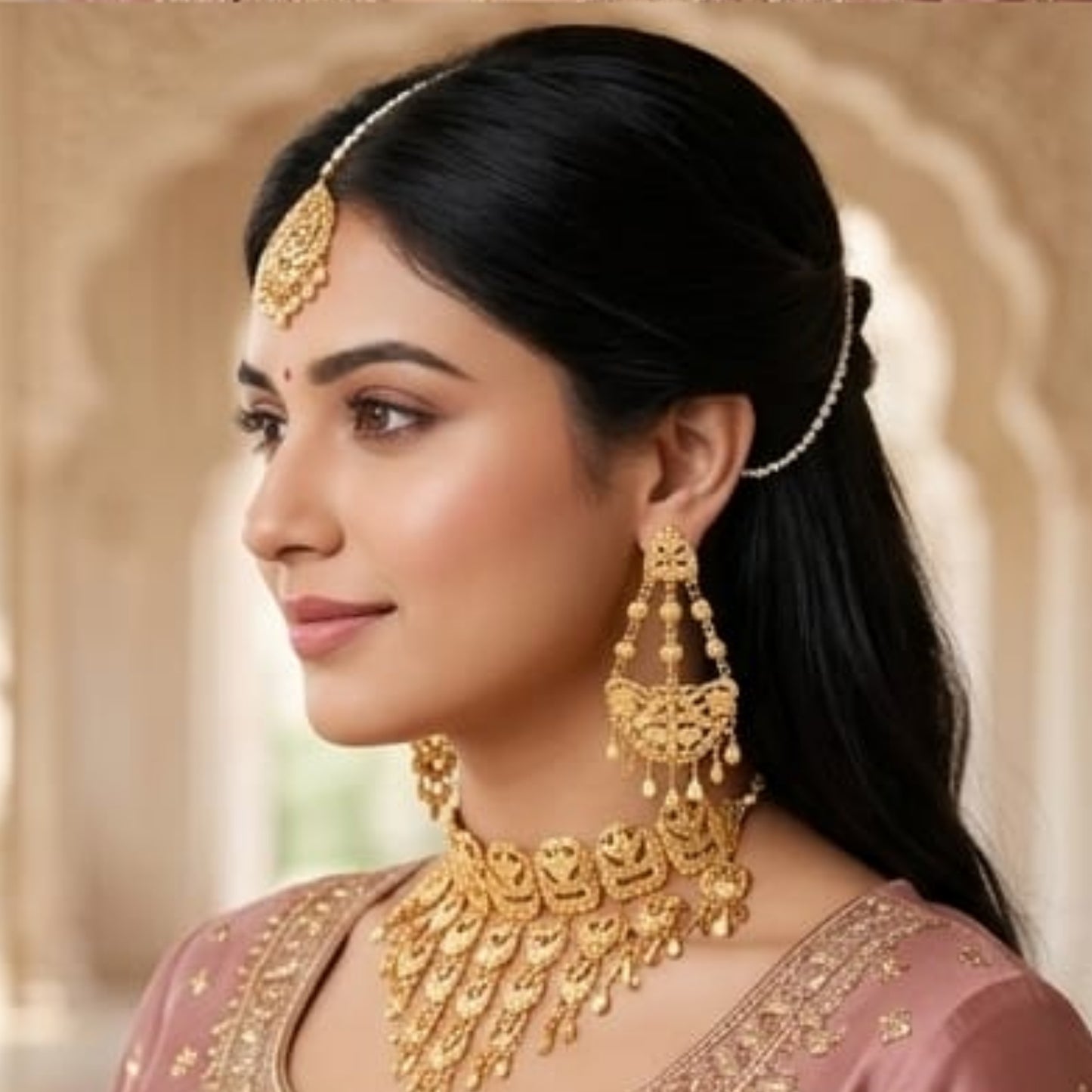 Golden Heritage Chandelier Necklace Set with Statement Earrings