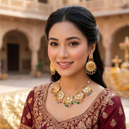 Golden Sunwheel Filigree Set with Vibrant Bead Accents