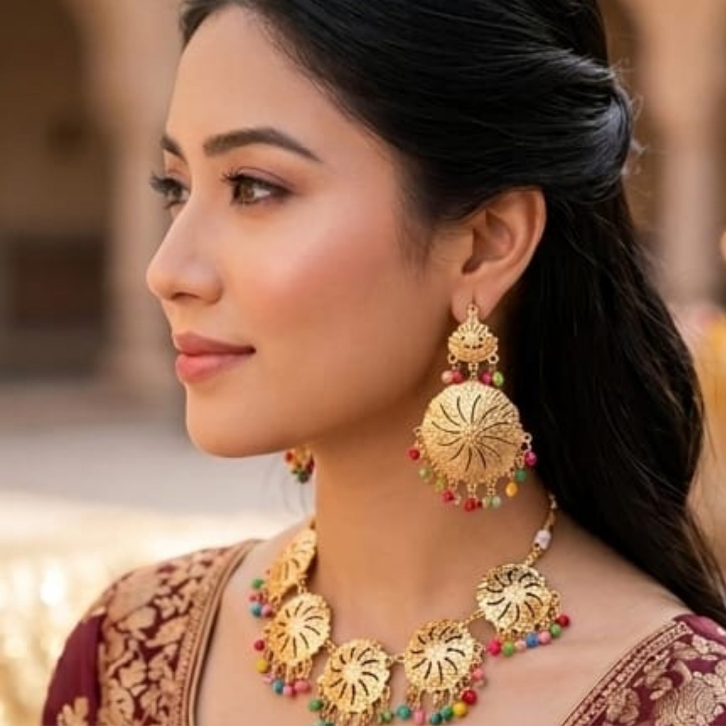Golden Sunwheel Filigree Set with Vibrant Bead Accents
