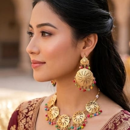 Golden Sunwheel Filigree Set with Vibrant Bead Accents