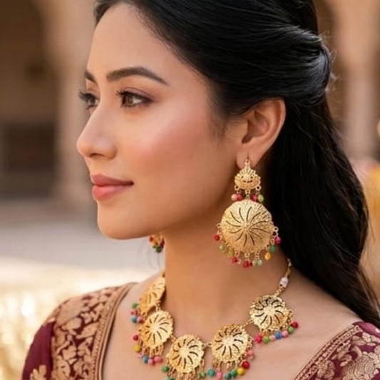 Golden Sunwheel Filigree Set with Vibrant Bead Accents