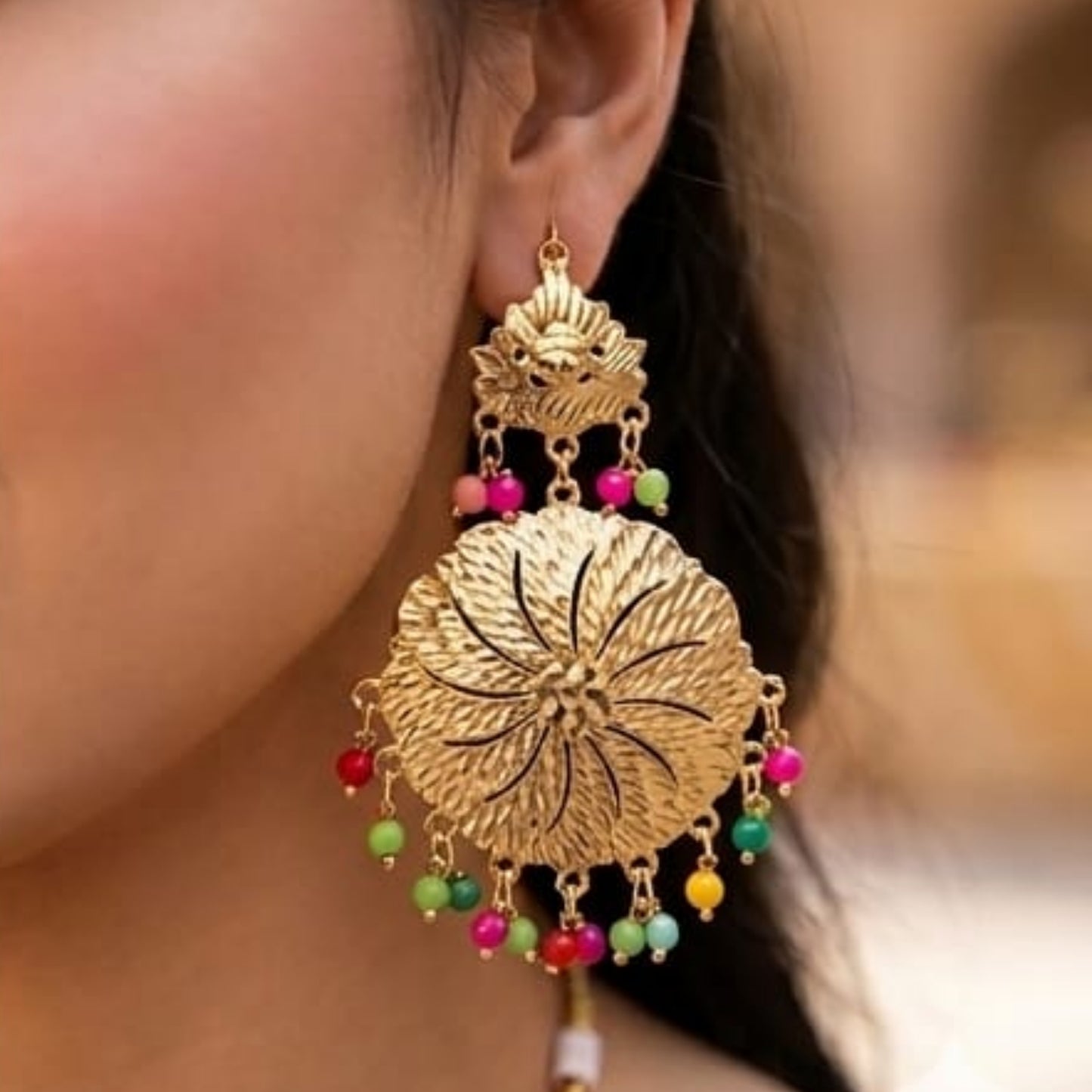 Golden Sunwheel Filigree Set with Vibrant Bead Accents