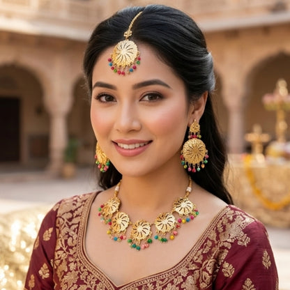 Golden Sunwheel Filigree Set with Vibrant Bead Accents