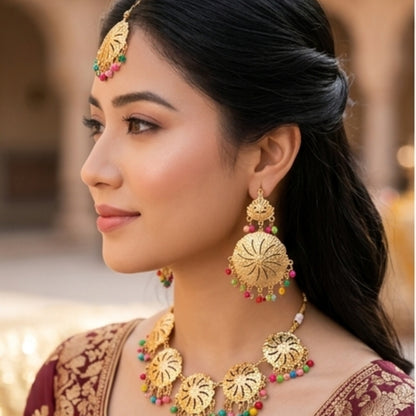 Golden Sunwheel Filigree Set with Vibrant Bead Accents
