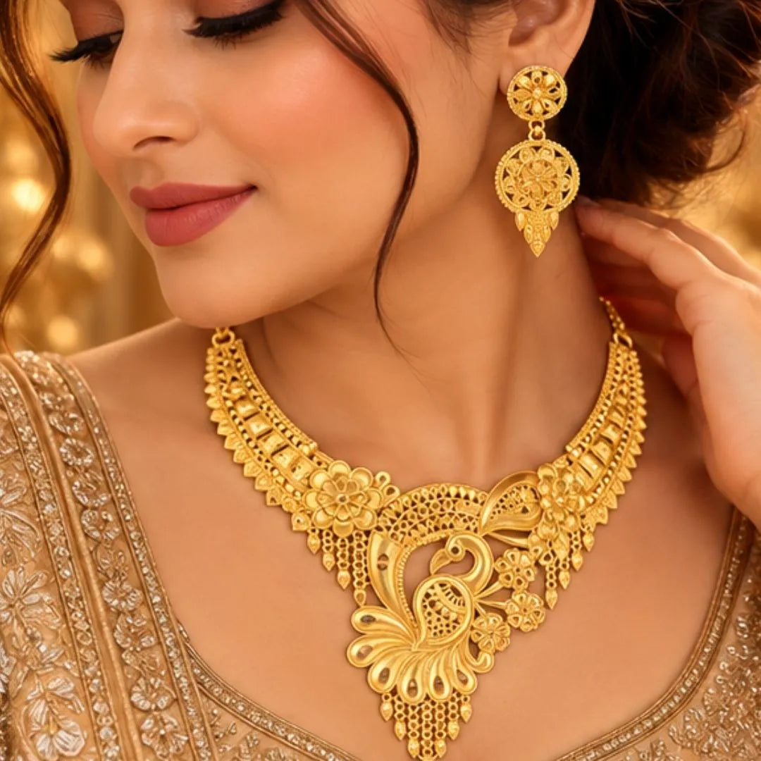 Peacock Floral Gold-Tone Necklace Set