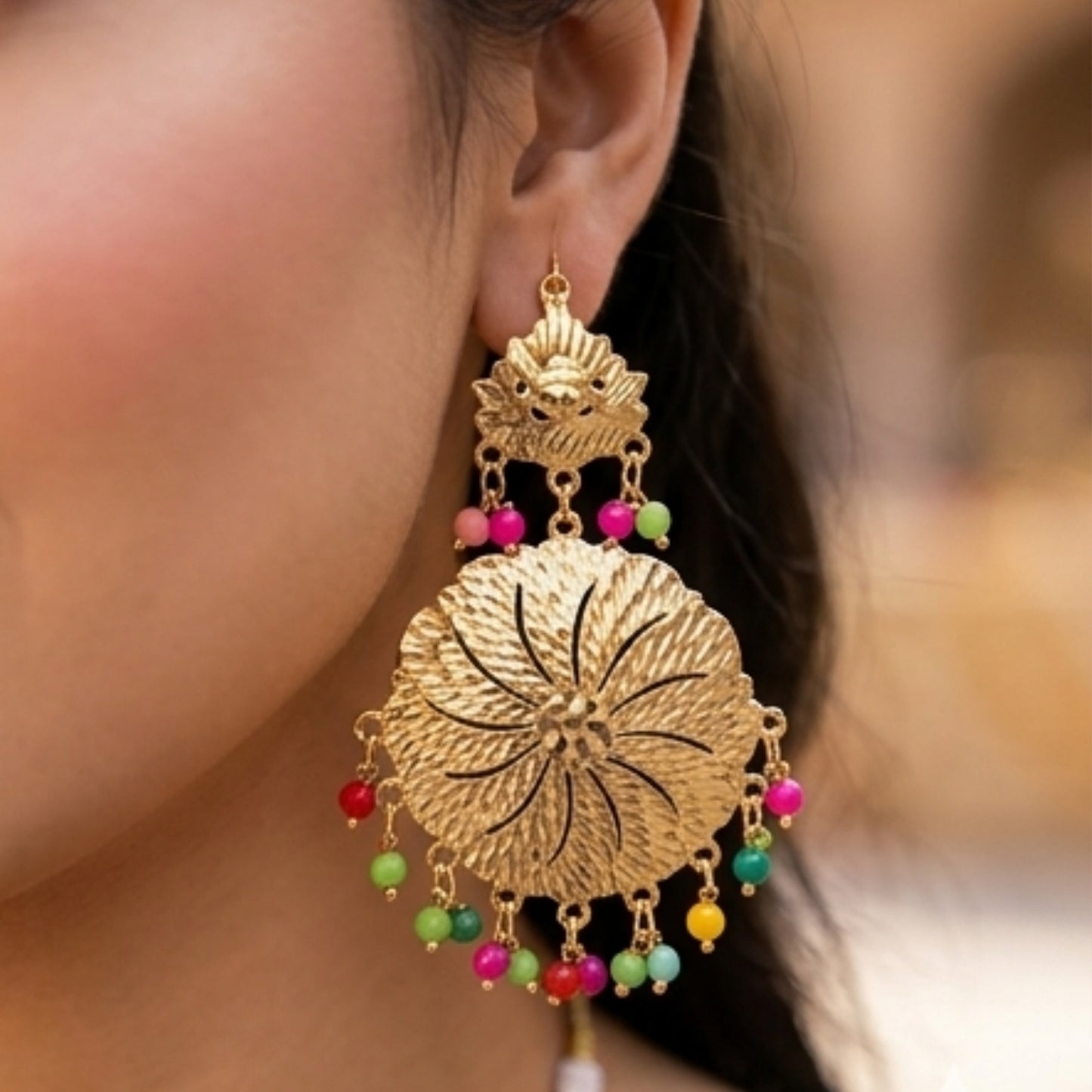 Golden Sunwheel Filigree Set with Vibrant Bead Accents