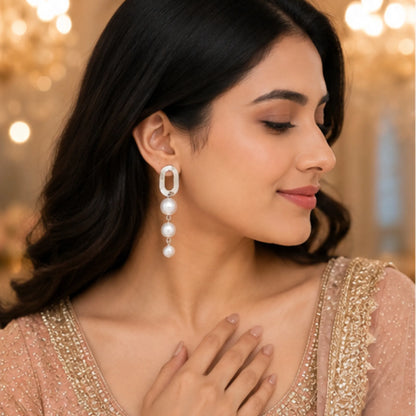 Silver Oval Pearl Drop Earrings