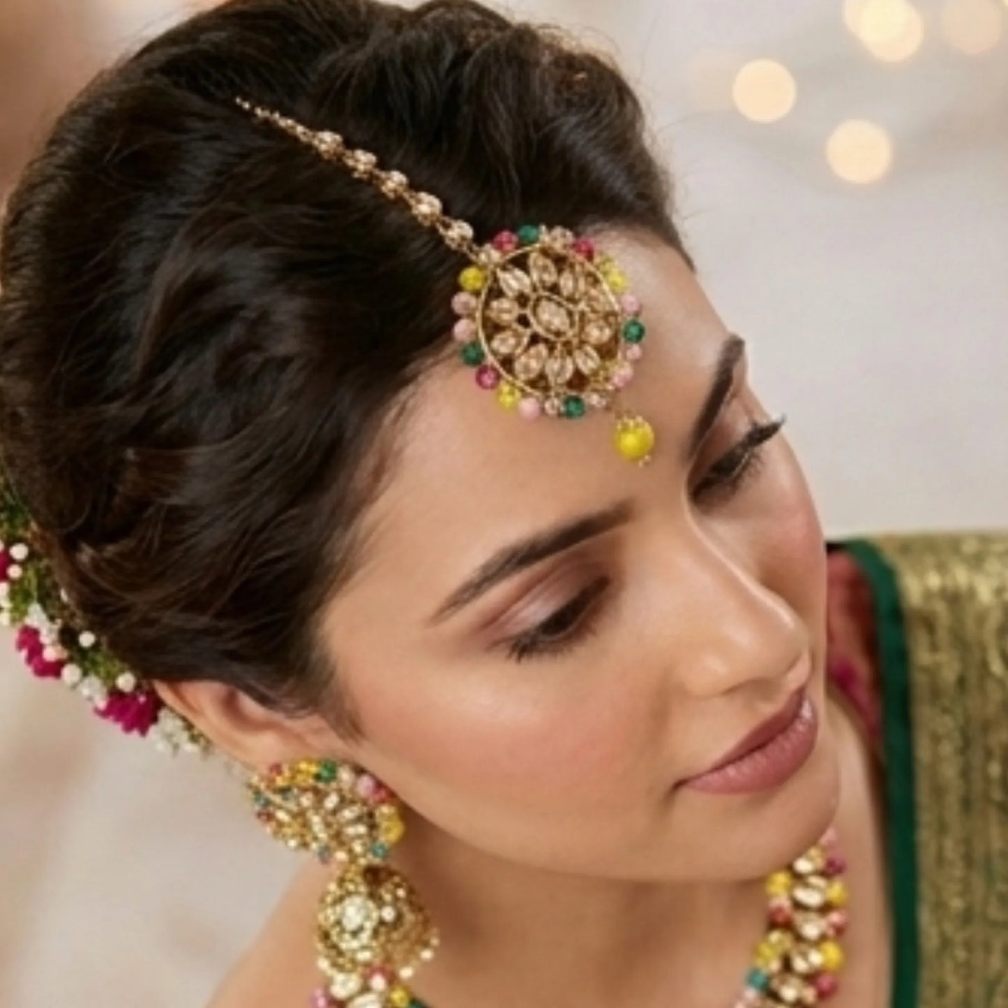 Pearl Chain Necklace Set with Jhumka Earrings &amp; Maang Tikka
