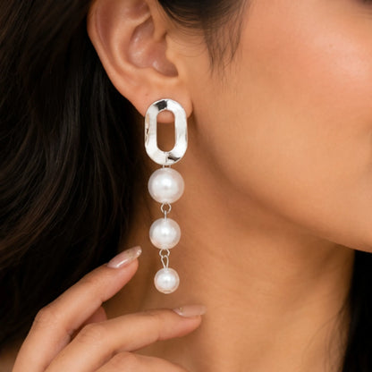 Silver Oval Pearl Drop Earrings