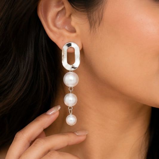 Silver Oval Pearl Drop Earrings