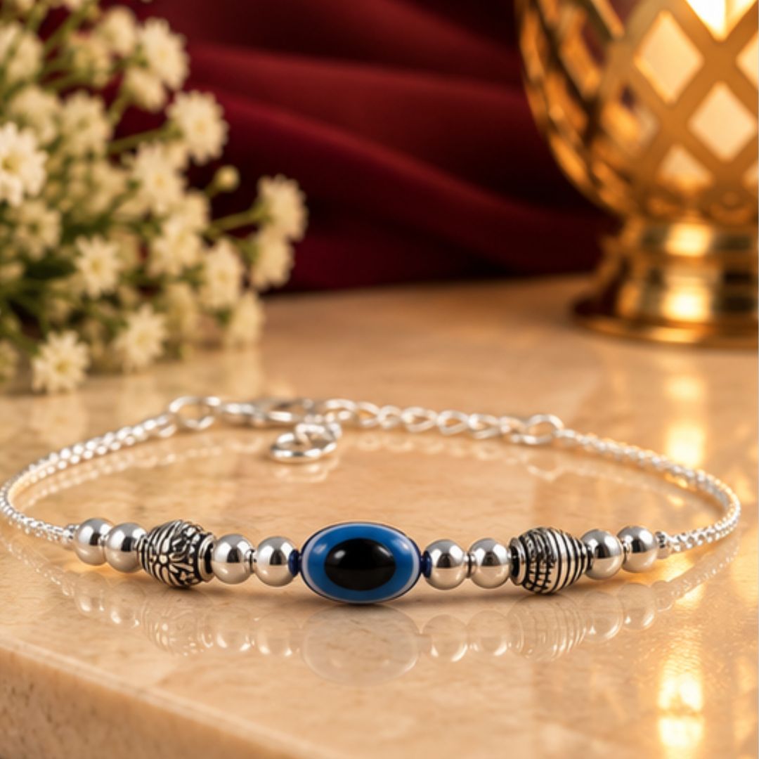 Silver Evil Eye Anklet with Blue Nazar Bead & Antique Floral Charms